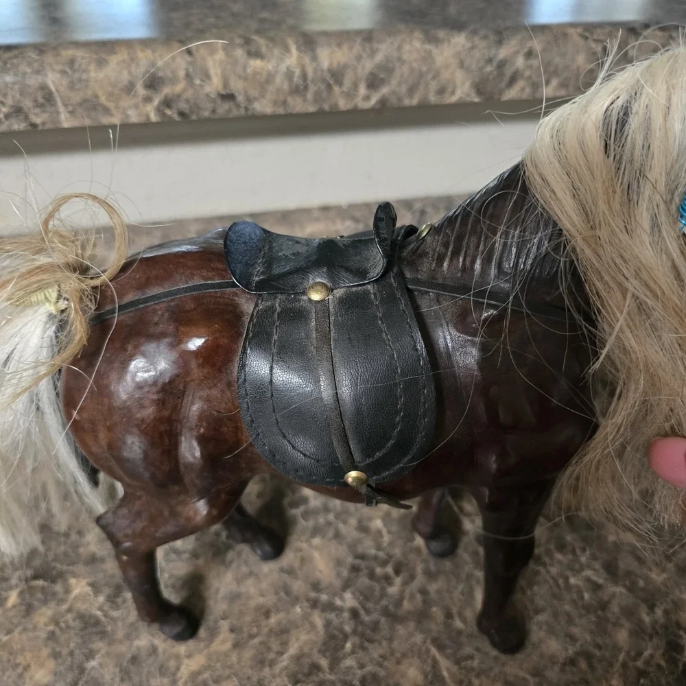 Vintage Leather Wrapped Horse‎ Figurine Real Horsehair Mane Tail Western...